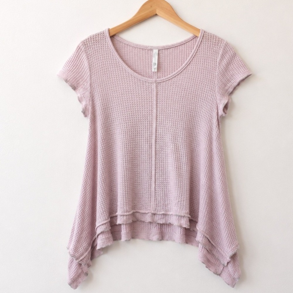 Anthropologie Lazy Sundays Pink Waffle Knit Asymmetrical Ruffle‎ Hem Top XS